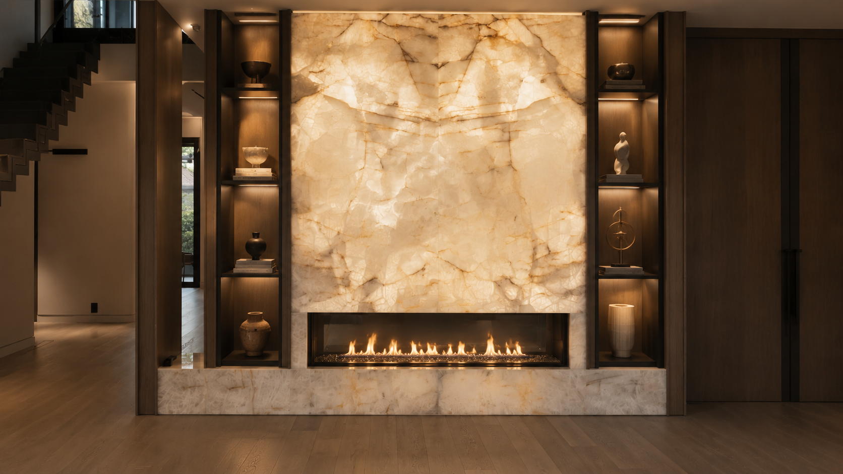 Backlit stone fireplace with custom oak millwork