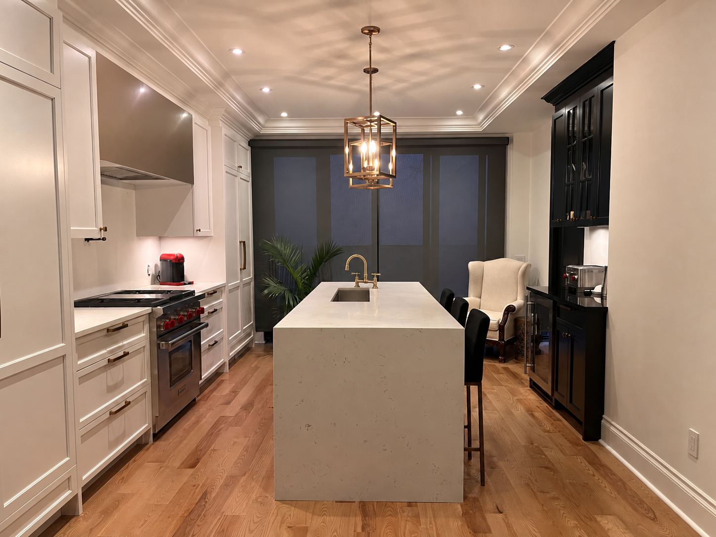 Melrose kitchen renovation with an unlacquered-brass Armstrong bridge faucet