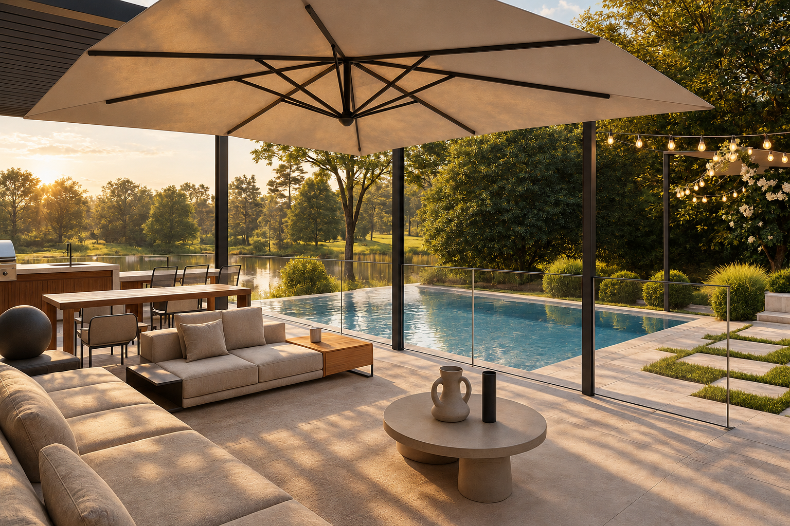 Covered outdoor lounge overlooking the pool