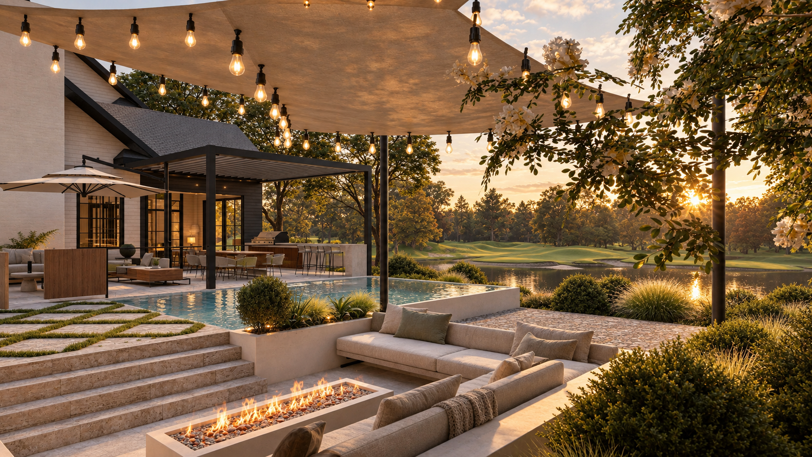 Quiet Country backyard with pool, terraces and fire feature