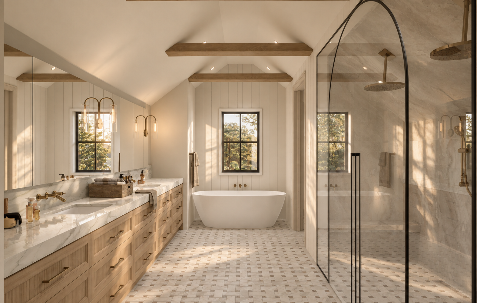 Vaulted primary bathroom with arched shower enclosure