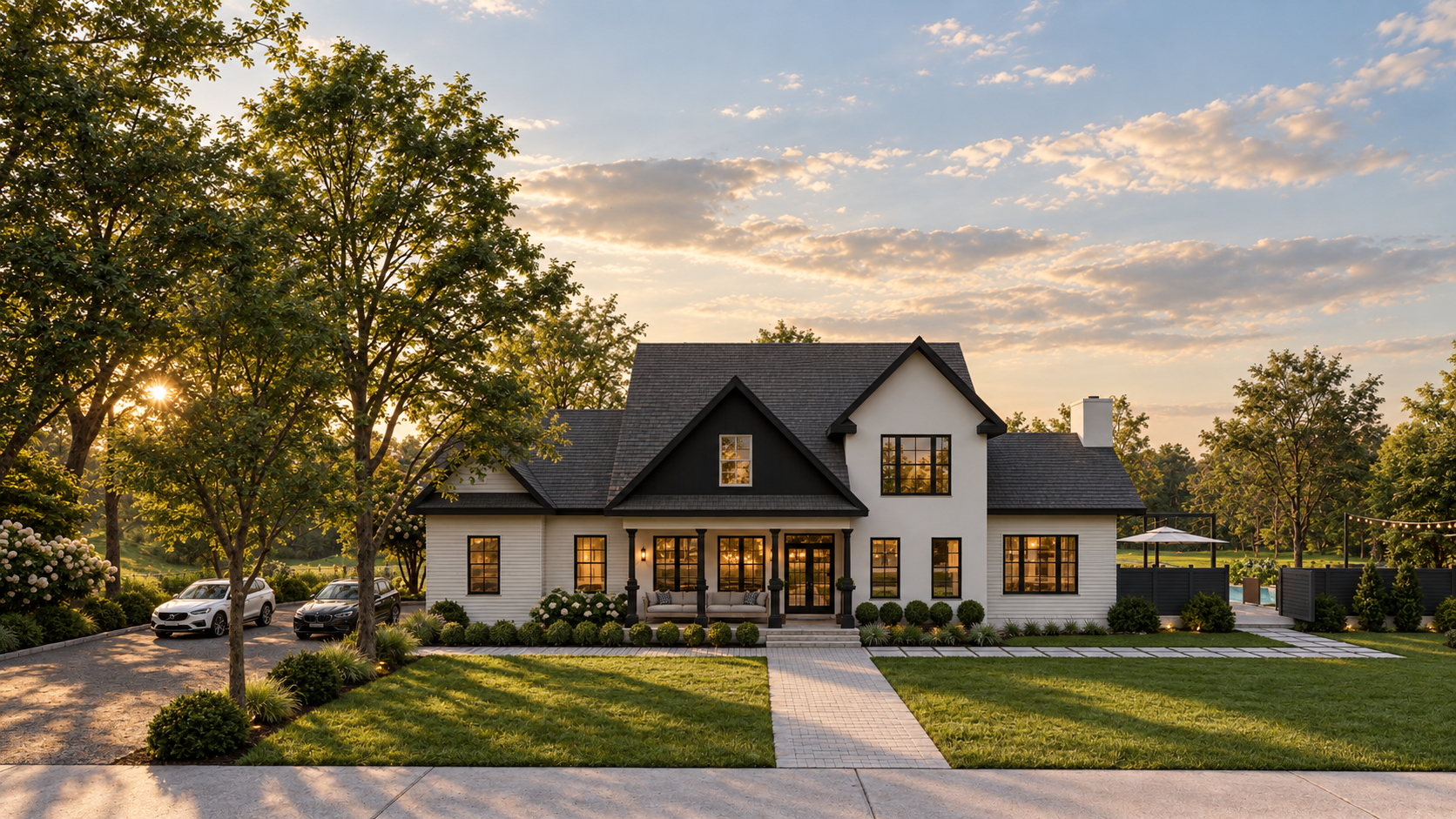 Quiet Country residence exterior at golden hour