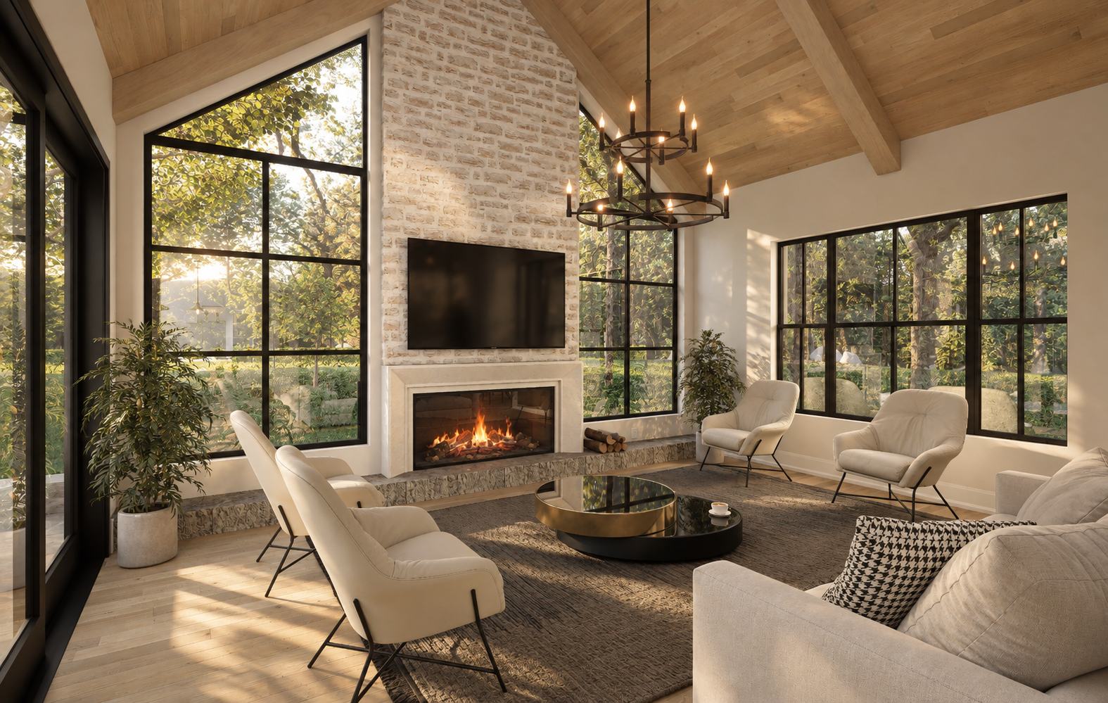 Vaulted family room with whitewashed brick fireplace