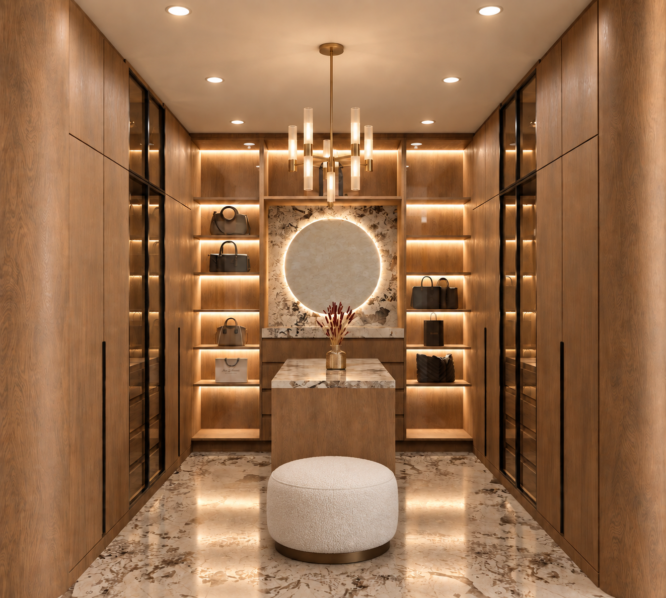Photorealistic custom oak walk-in closet with illuminated display shelving, a modern chandelier and a round bouclé pouf